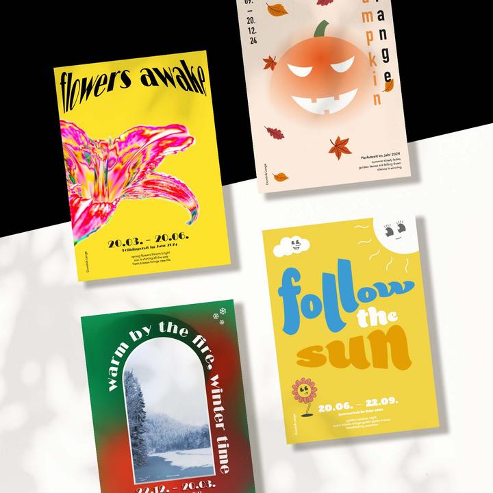 Vier Postkarten passend zu der jeweiligen Jahreszeit.